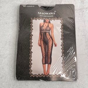 Black Fishnet Halter Neck Bodycon Maxi Dress Lingerie Sexy Fashion One Size